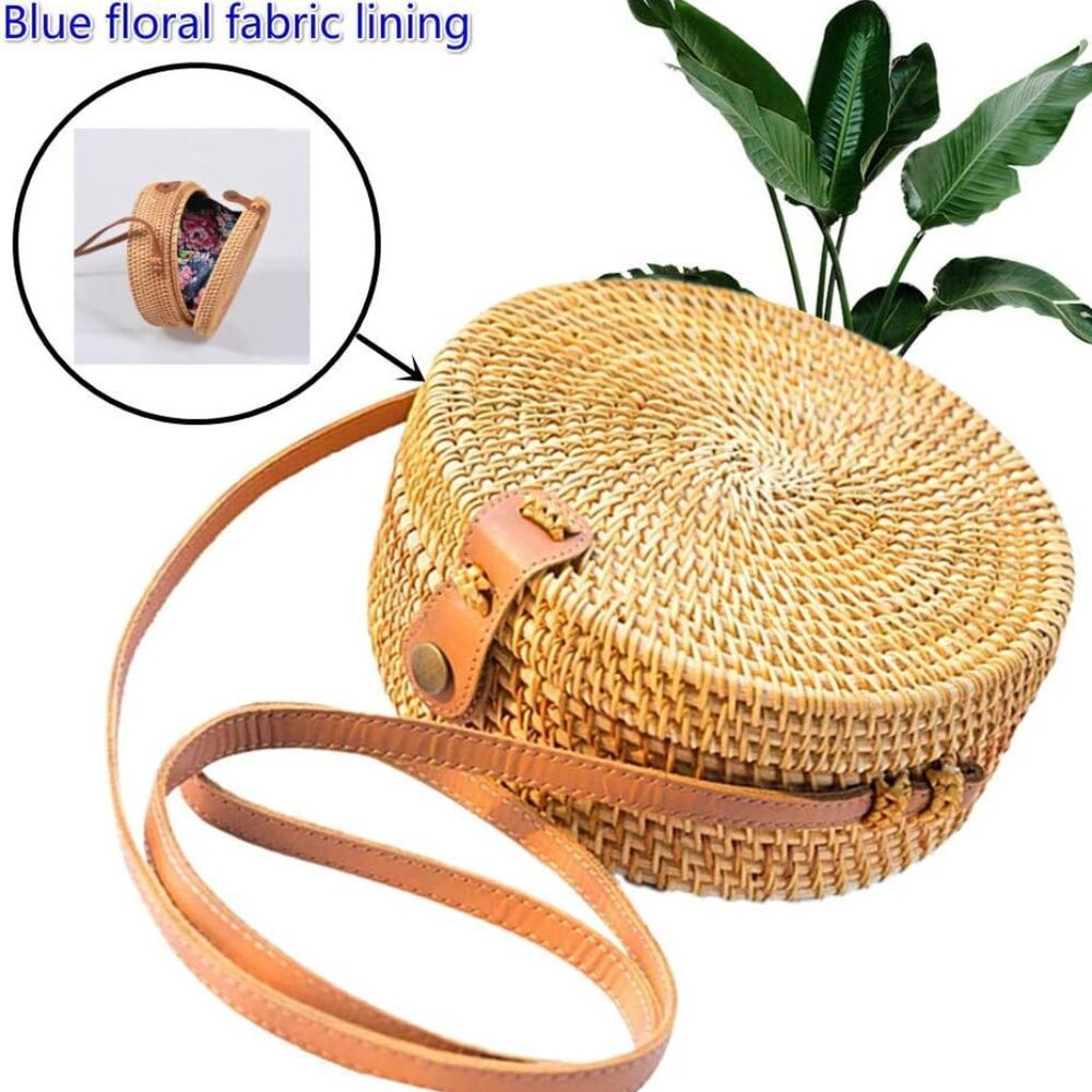 Handwoven Round Rattan Straw Bag for Women Shoulder Leather Button Straps Natura - Picture 2 of 9